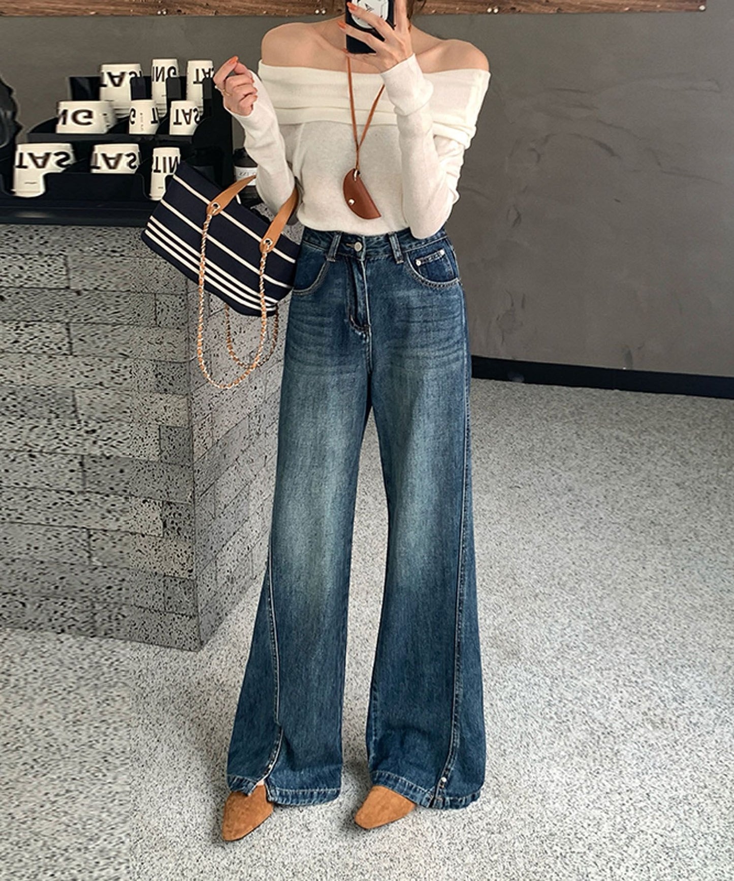 Slanted Switching Slit Wide Denim Pants