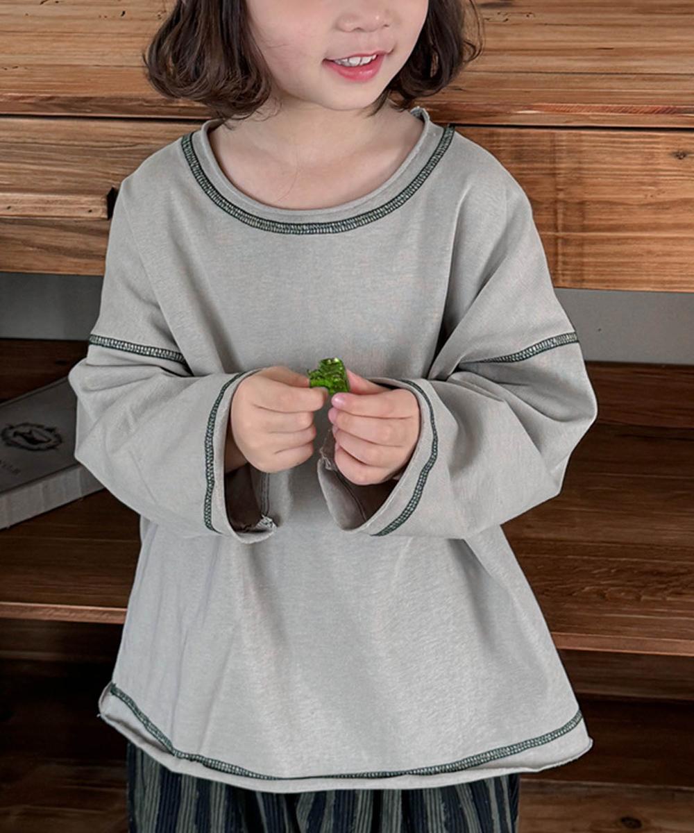 【aimoha-KIDS-】配色ステッチロングスリーブTシャツ