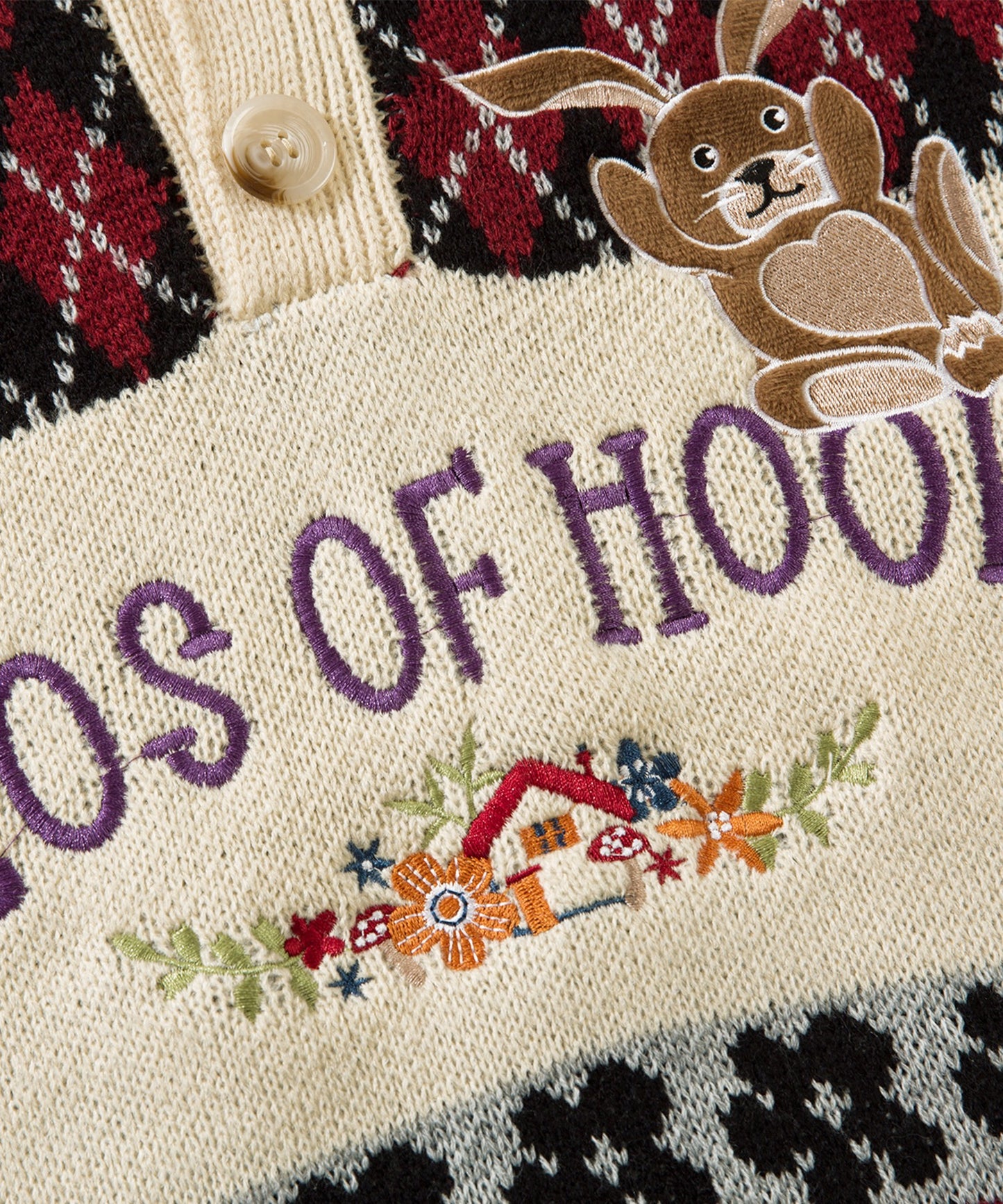 【HOOK -original- 】古着風 レトロ調うさぎ刺繍配色アーガイル柄ポロ襟ニット