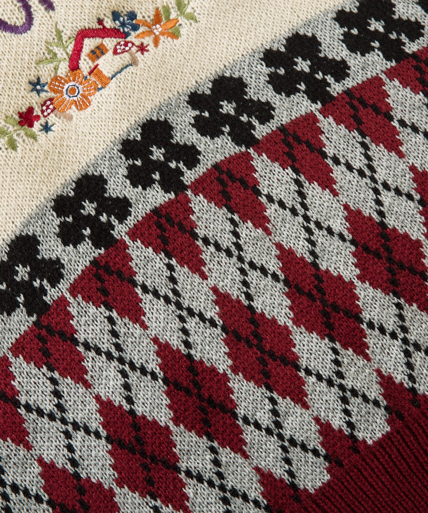 【HOOK -original- 】古着風 レトロ調うさぎ刺繍配色アーガイル柄ポロ襟ニット