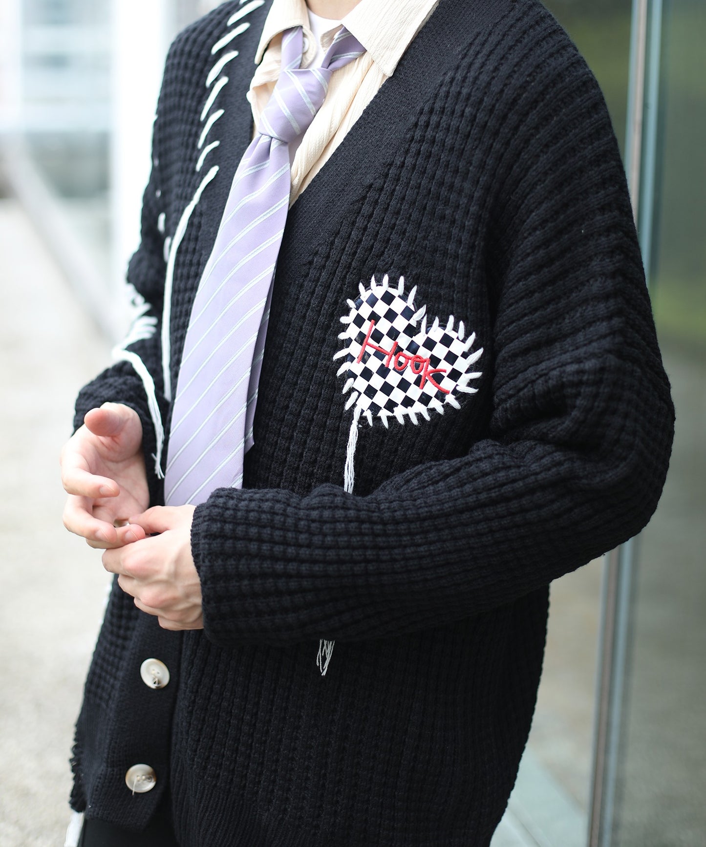 【HOOK -original- 】ブロックチェックハートパッチ ワッフル編みクレイジーステッチVネックカーディガン