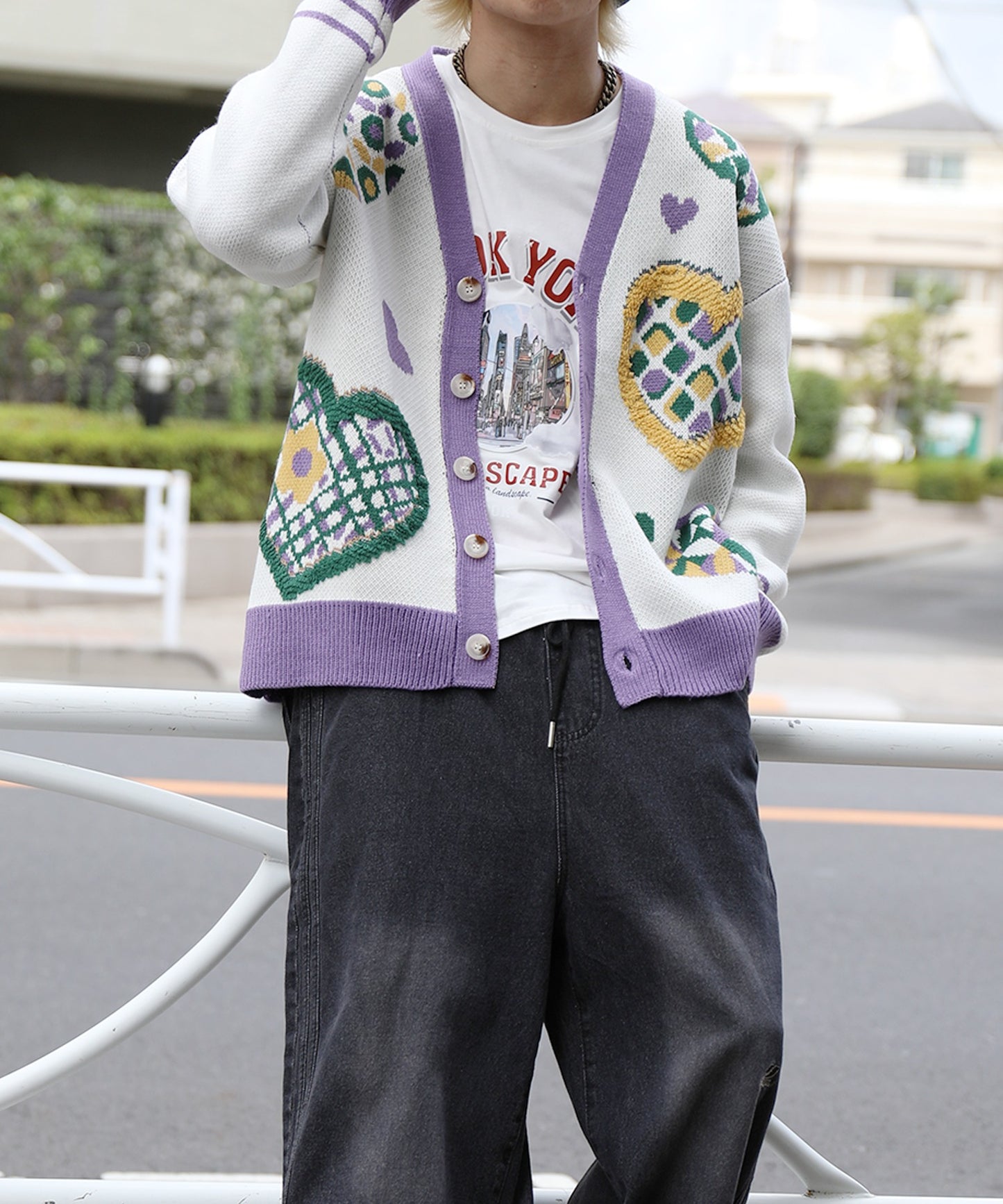 【HOOK -original- 】レトロ調 サガラ刺繍ハート柄Vネックカーディガン