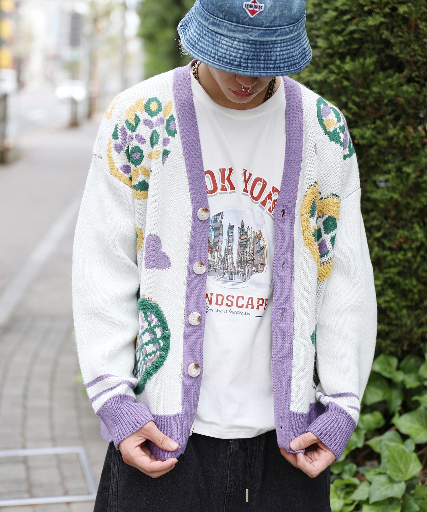 【HOOK -original- 】レトロ調 サガラ刺繍ハート柄Vネックカーディガン
