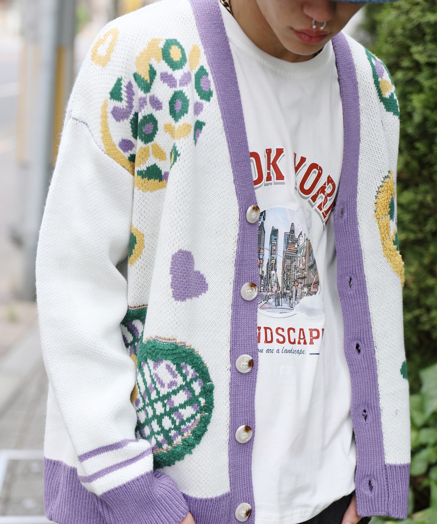 【HOOK -original- 】レトロ調 サガラ刺繍ハート柄Vネックカーディガン