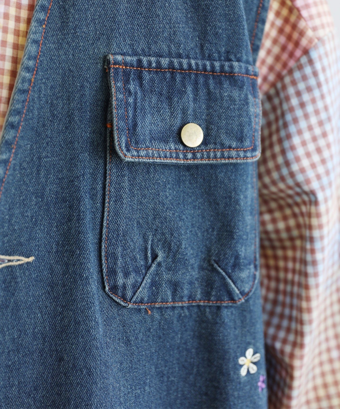 【HOOK -original- 】レトロ調花刺繍vネックデニムベスト