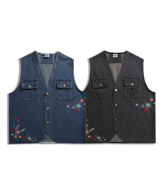 【HOOK -original- 】レトロ調花刺繍vネックデニムベスト