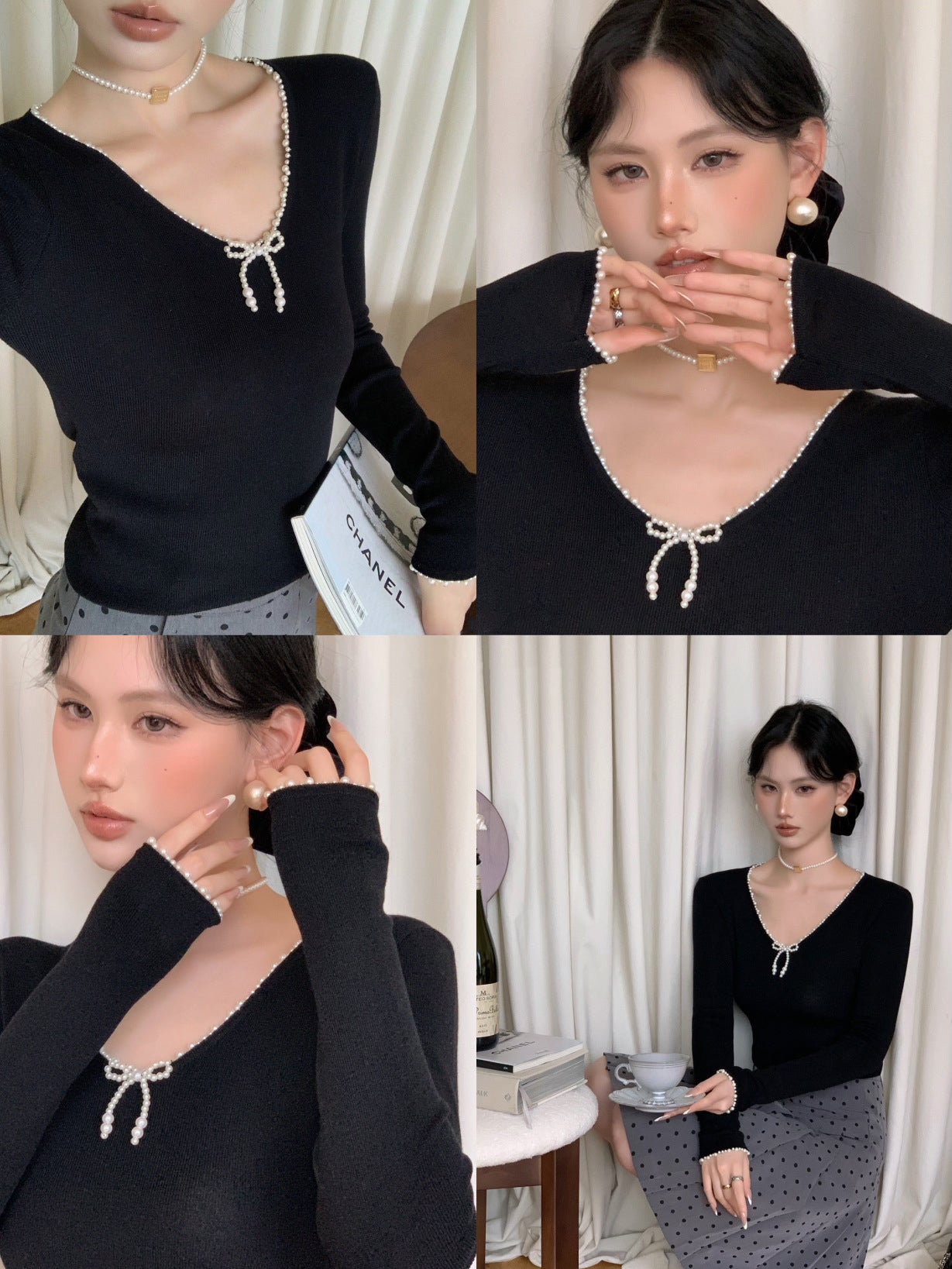 【Jasmine】パールリボン長袖Tシャツ