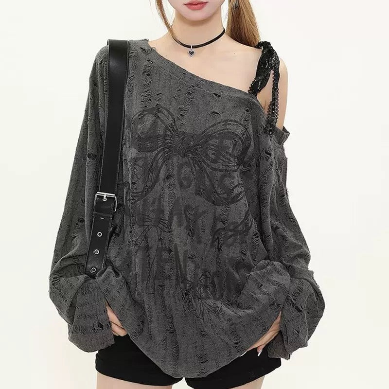 【HOOK】for girls リボンプリントオープンショルダーダメージトップス