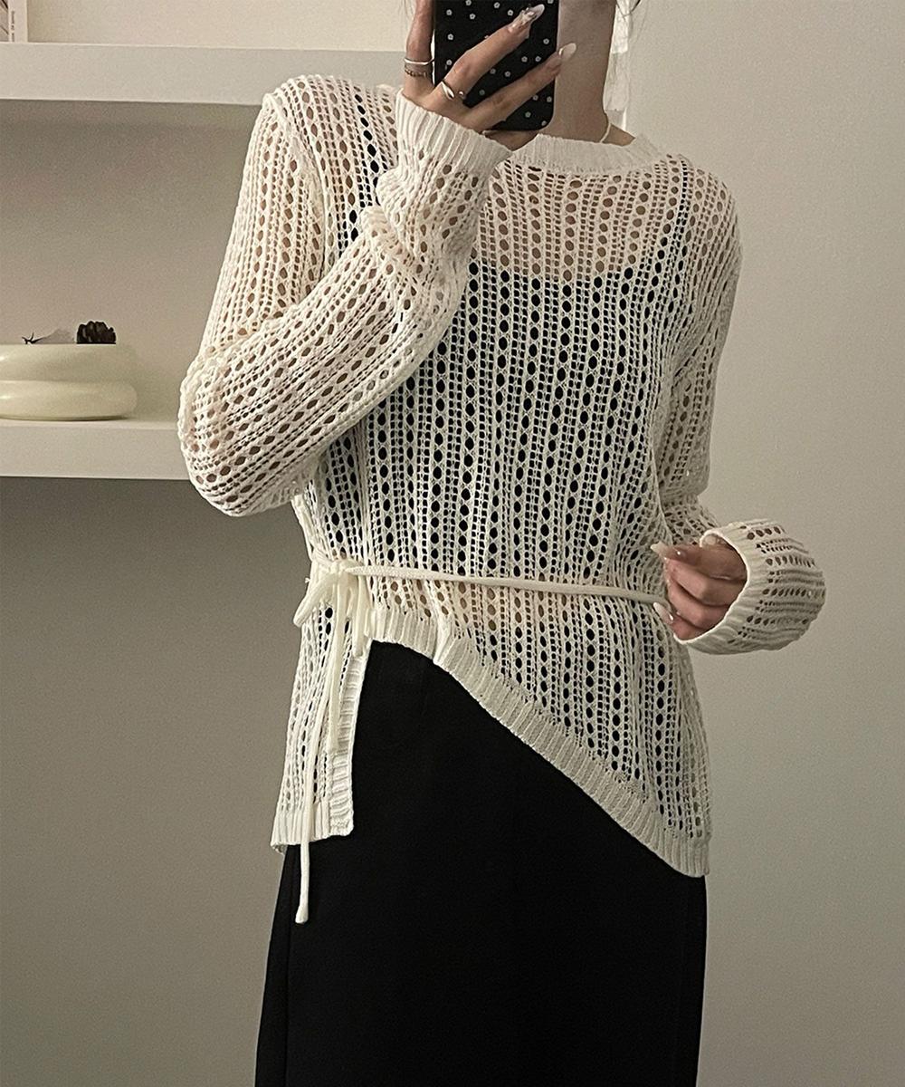 ウエストリボン付きメッシュニットトップス