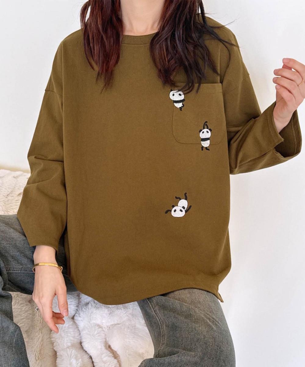 パンダ刺繍ロングスリーブTシャツ