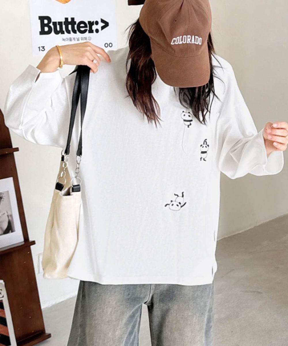 パンダ刺繍ロングスリーブTシャツ
