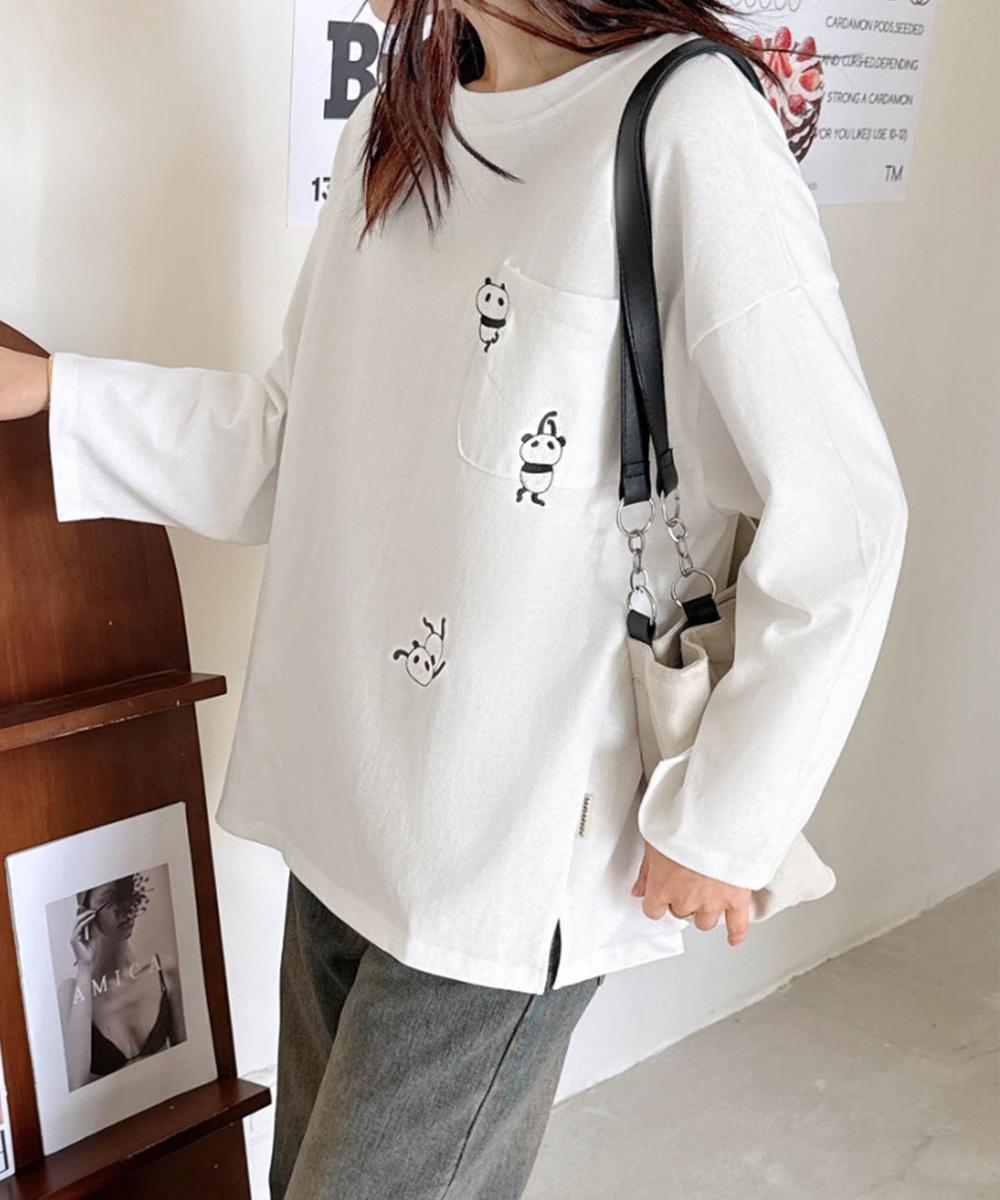 パンダ刺繍ロングスリーブTシャツ
