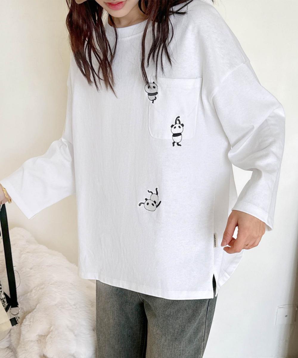 パンダ刺繍ロングスリーブTシャツ
