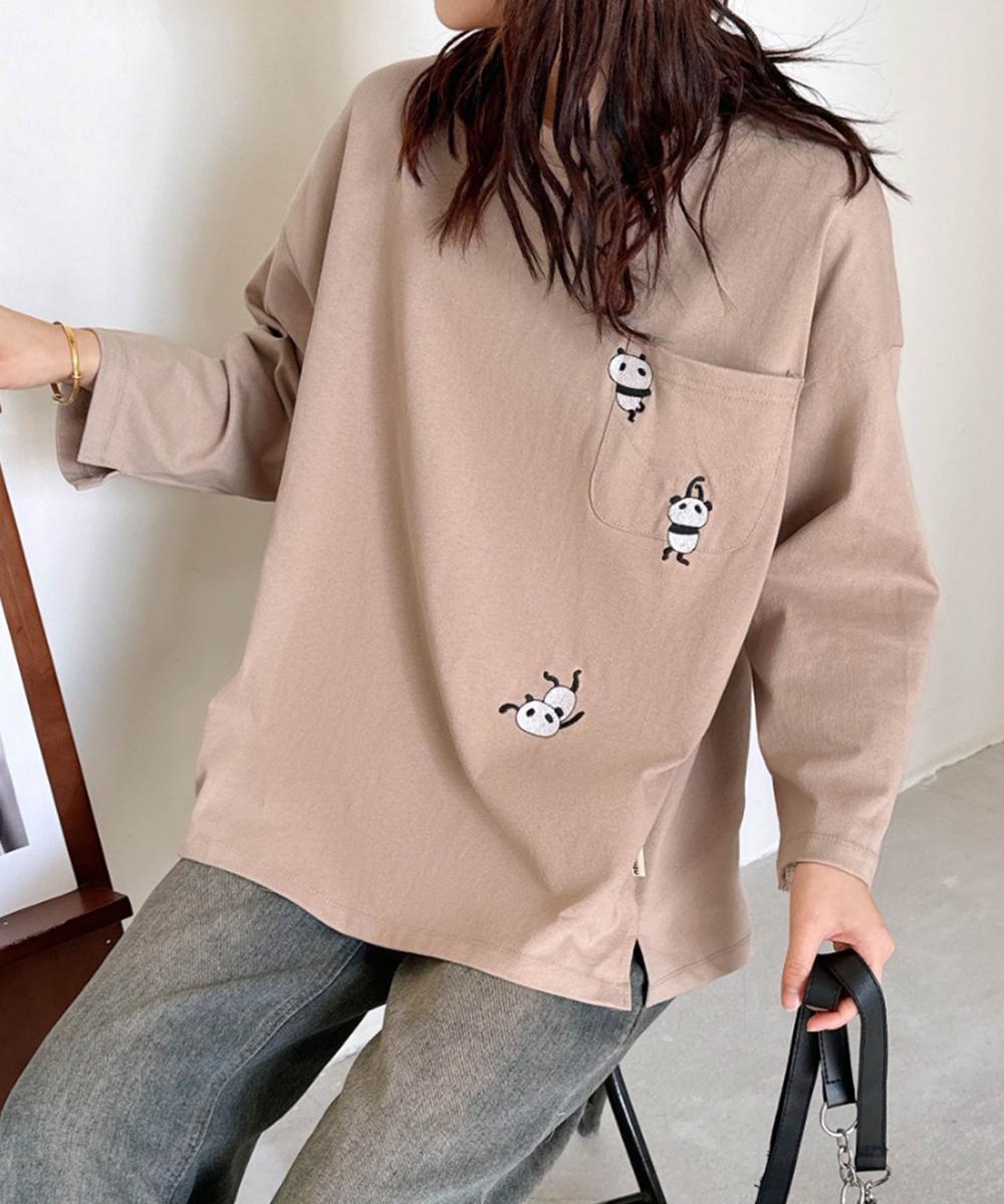 パンダ刺繍ロングスリーブTシャツ
