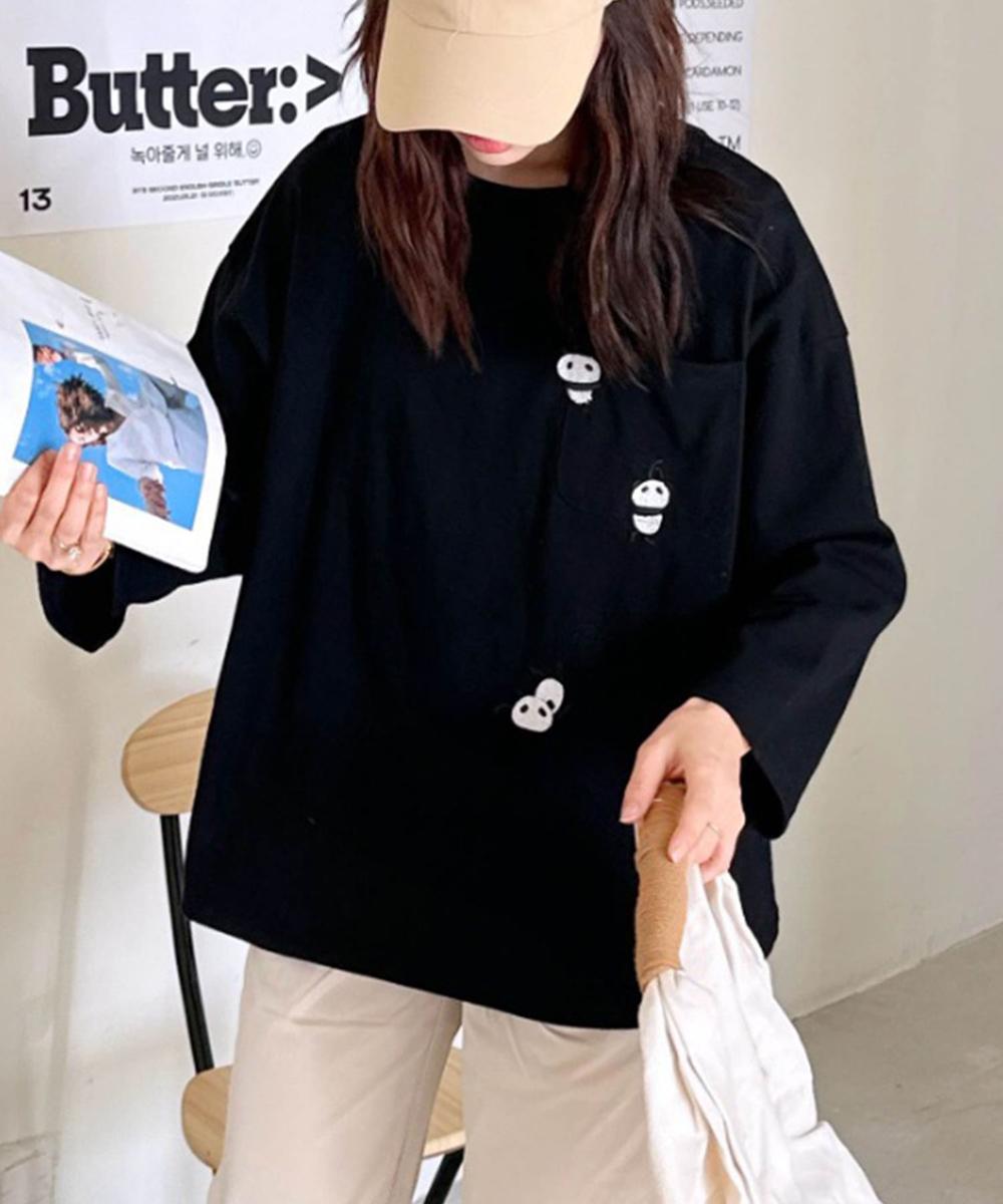 パンダ刺繍ロングスリーブTシャツ