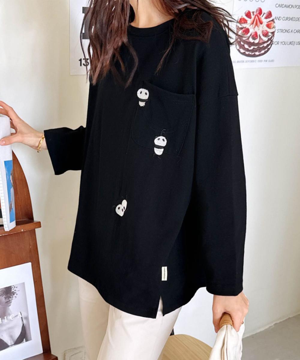 パンダ刺繍ロングスリーブTシャツ