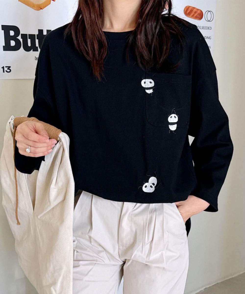 パンダ刺繍ロングスリーブTシャツ