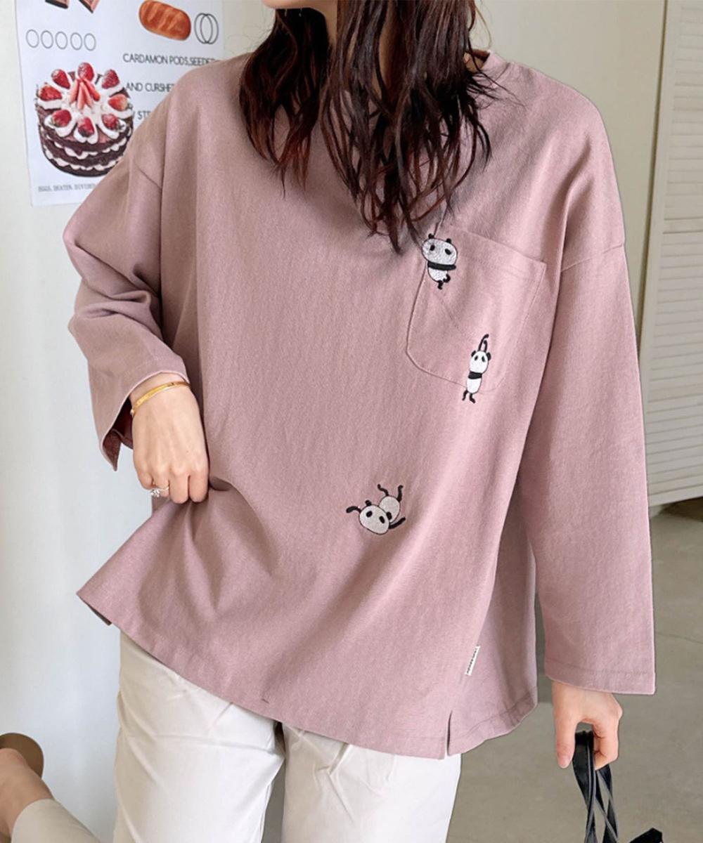 パンダ刺繍ロングスリーブTシャツ