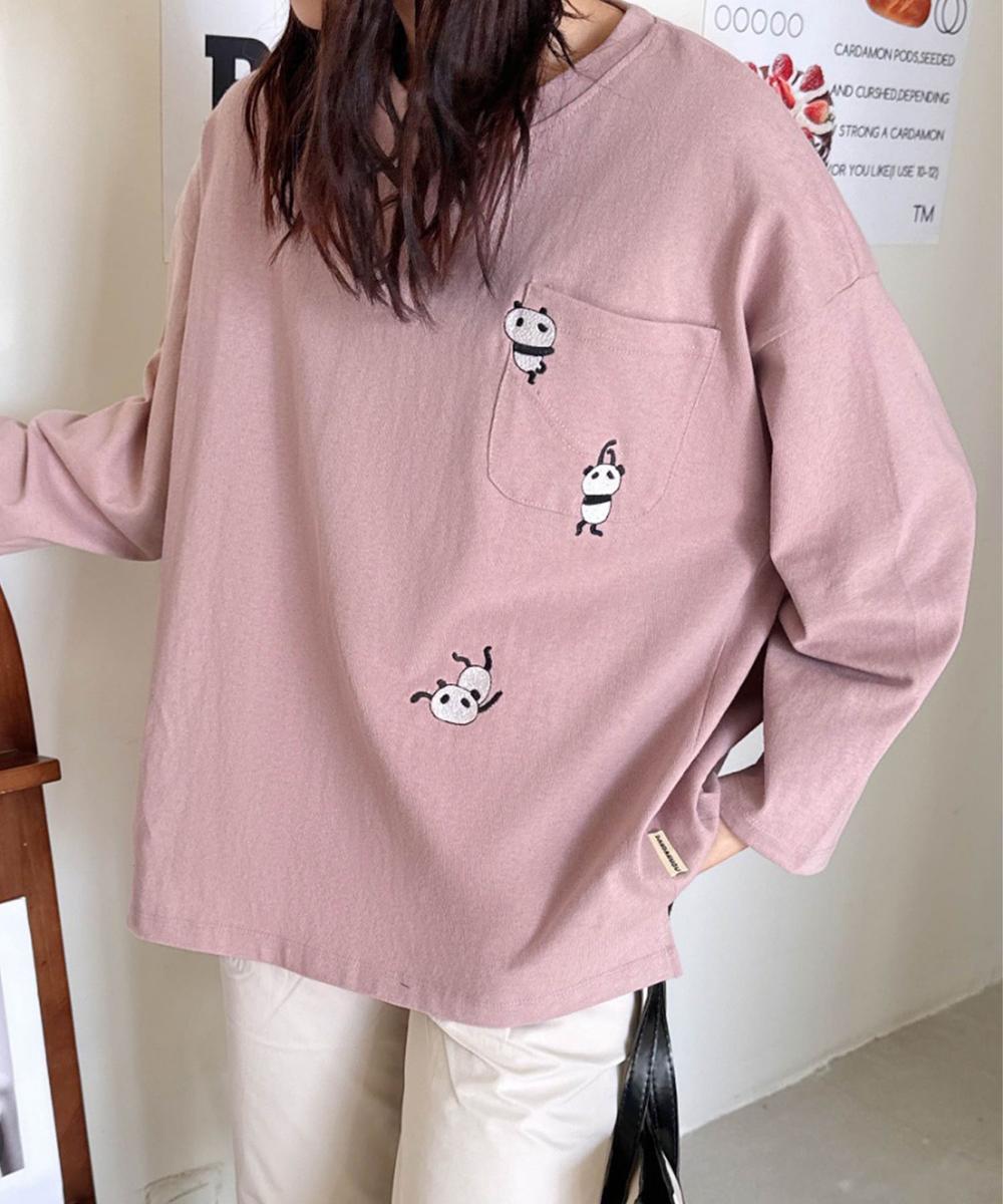 パンダ刺繍ロングスリーブTシャツ