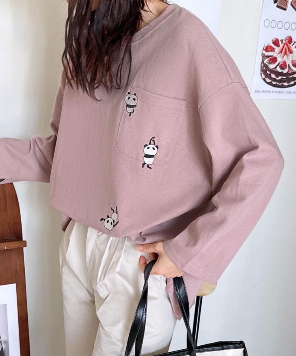 パンダ刺繍ロングスリーブTシャツ