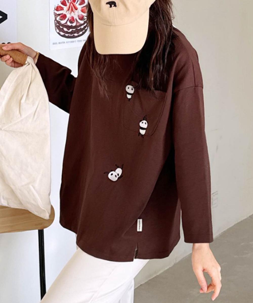 パンダ刺繍ロングスリーブTシャツ