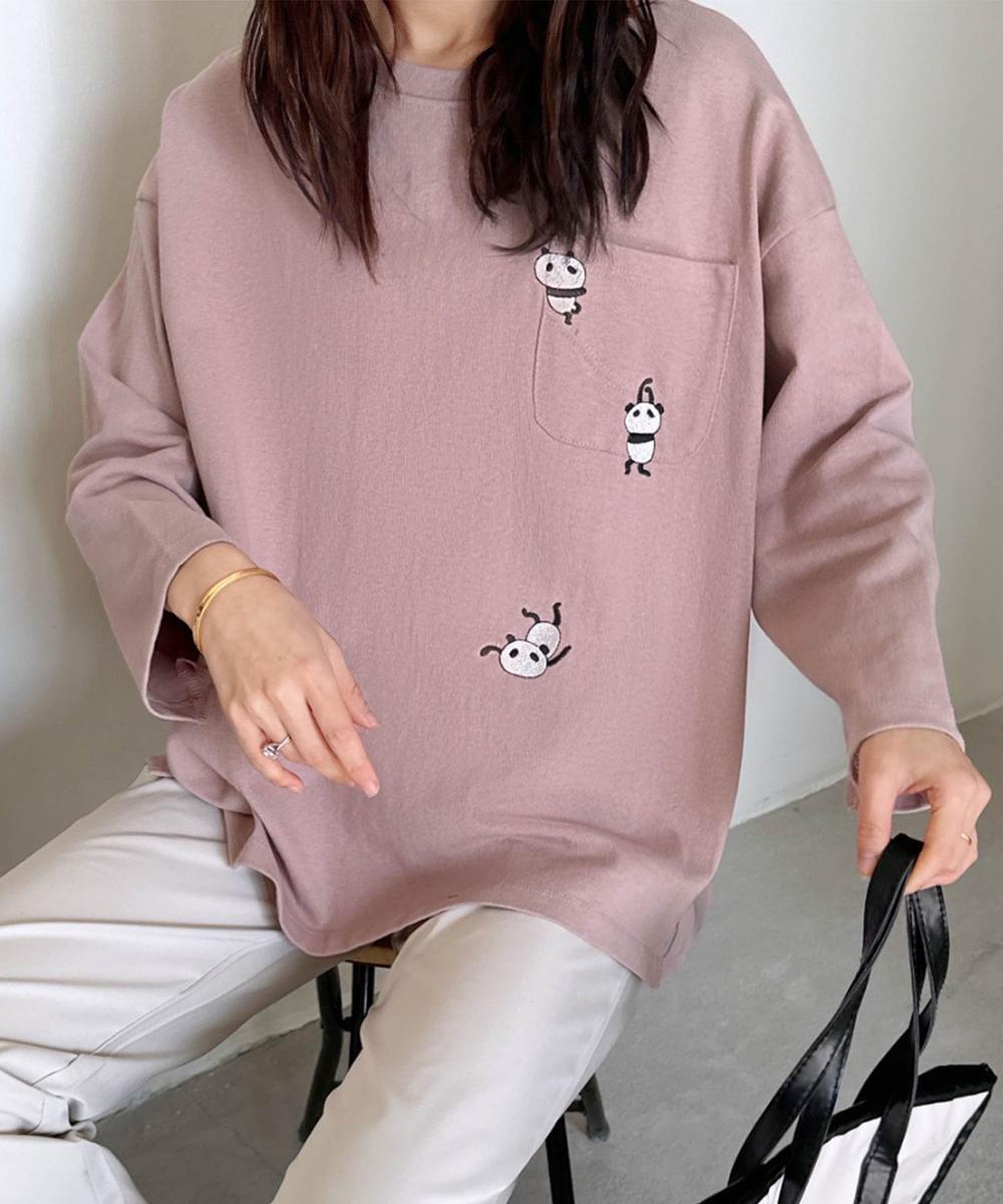 パンダ刺繍ロングスリーブTシャツ