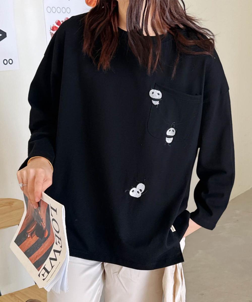 パンダ刺繍ロングスリーブTシャツ