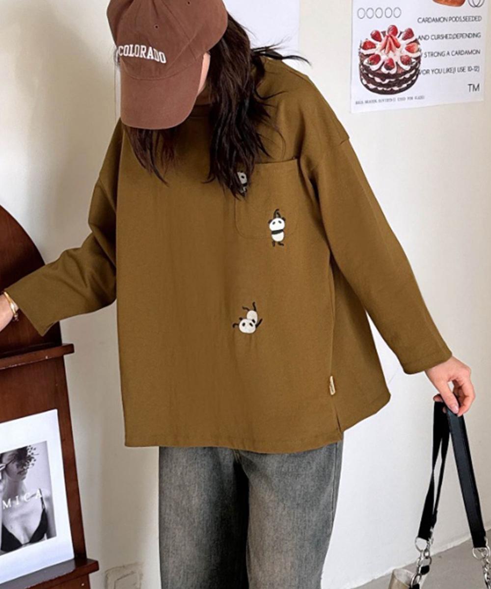 パンダ刺繍ロングスリーブTシャツ