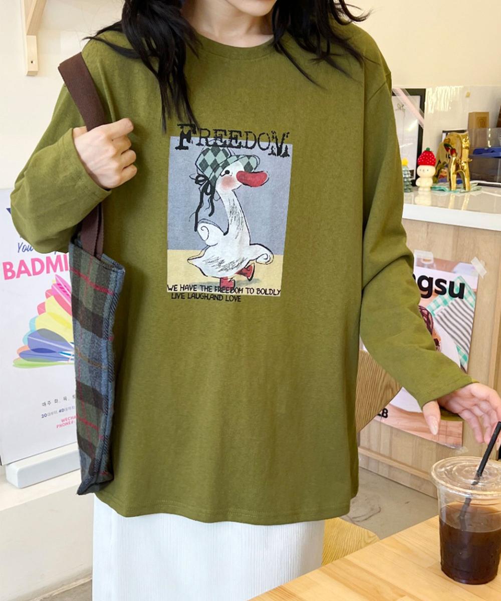 かわいいイラストプリントロングスリーブTシャツ
