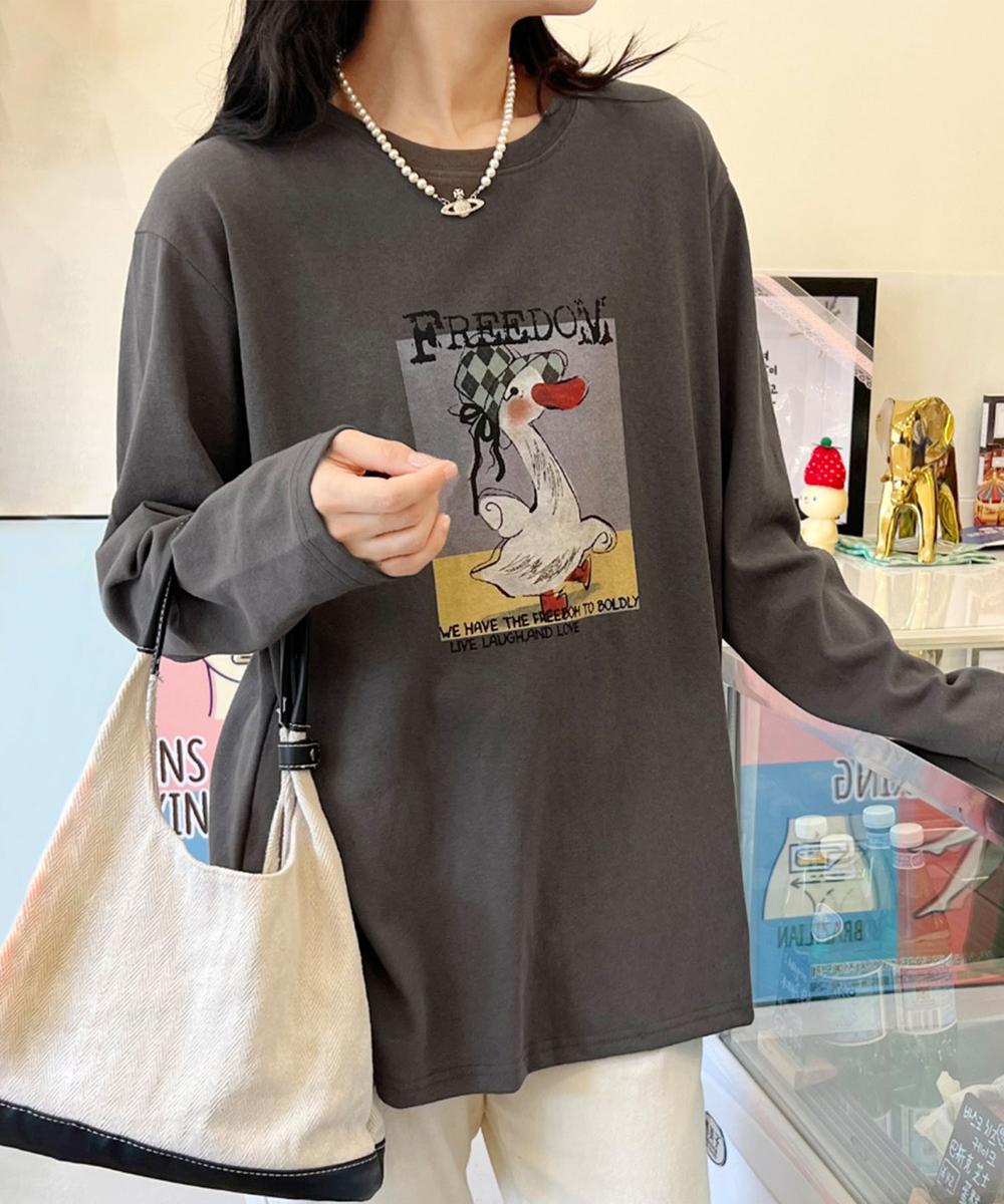 かわいいイラストプリントロングスリーブTシャツ