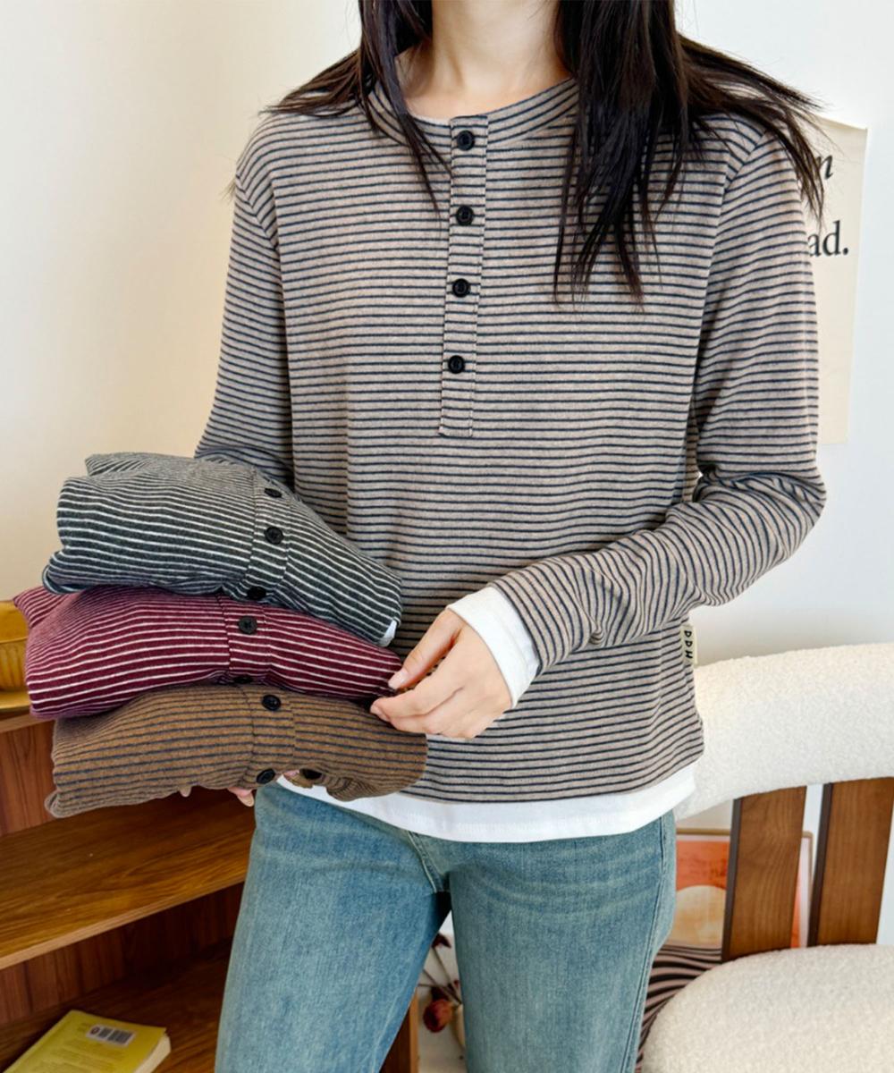 ヘンリーネックボーダー長袖Tシャツ