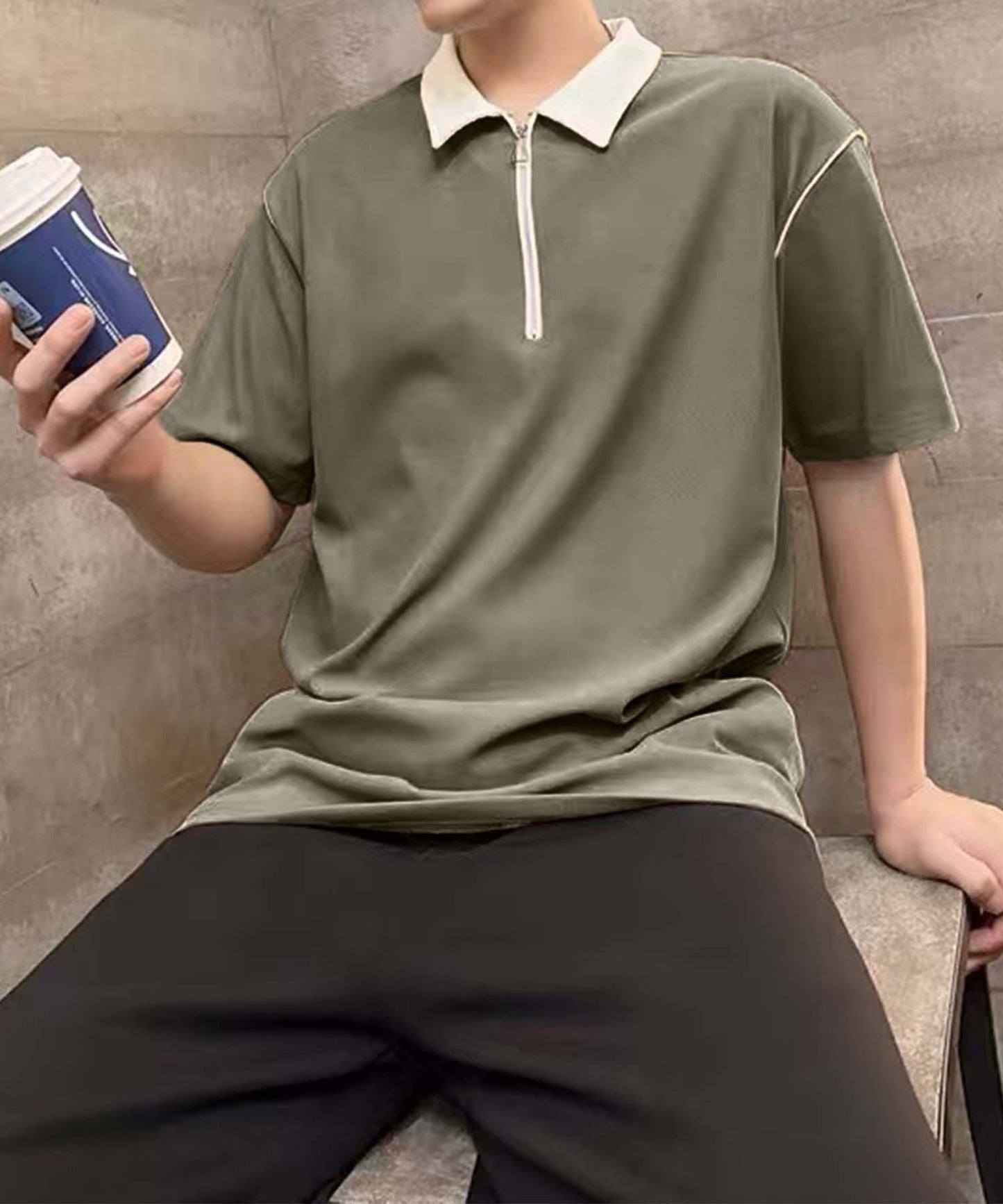 aimoha men バイカラージップポロシャツ