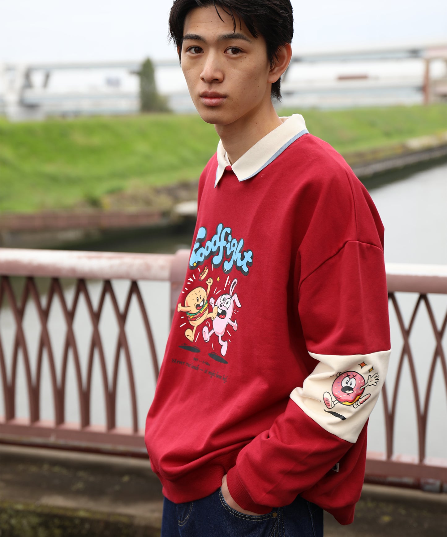 HOOK -original- フードファイトプリントポロ襟スウェット「Don’t Fight!」