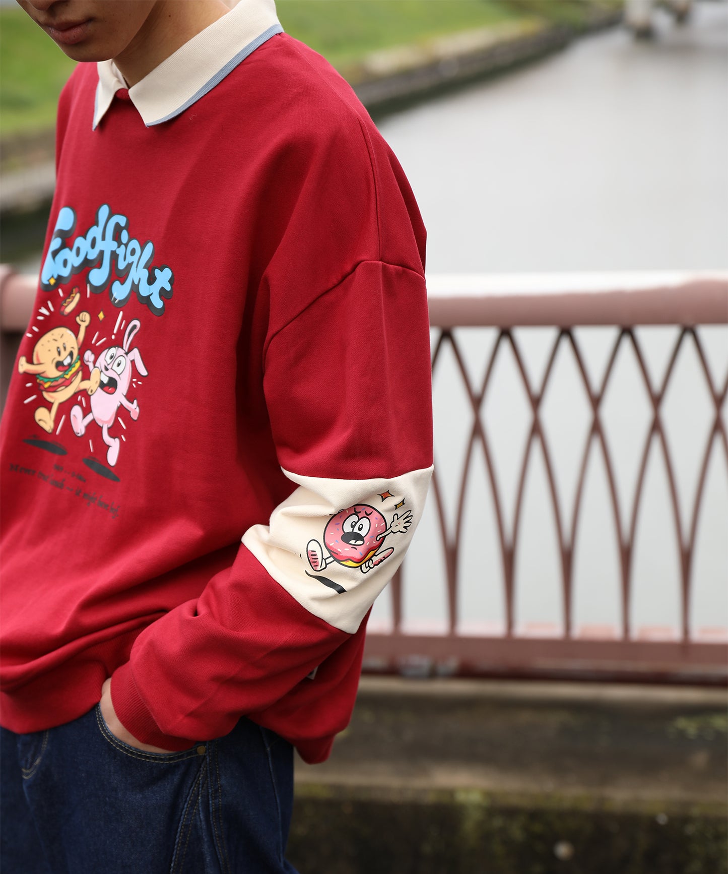 HOOK -original- フードファイトプリントポロ襟スウェット「Don’t Fight!」