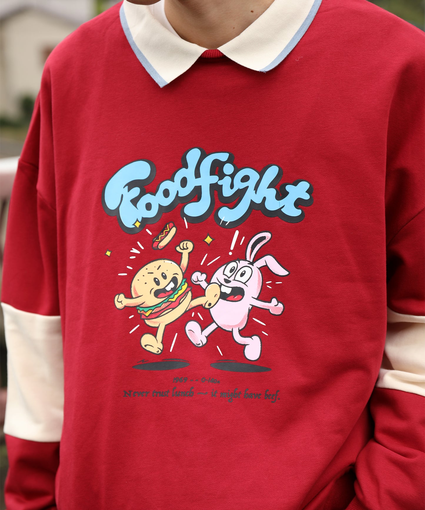 HOOK -original- フードファイトプリントポロ襟スウェット「Don’t Fight!」