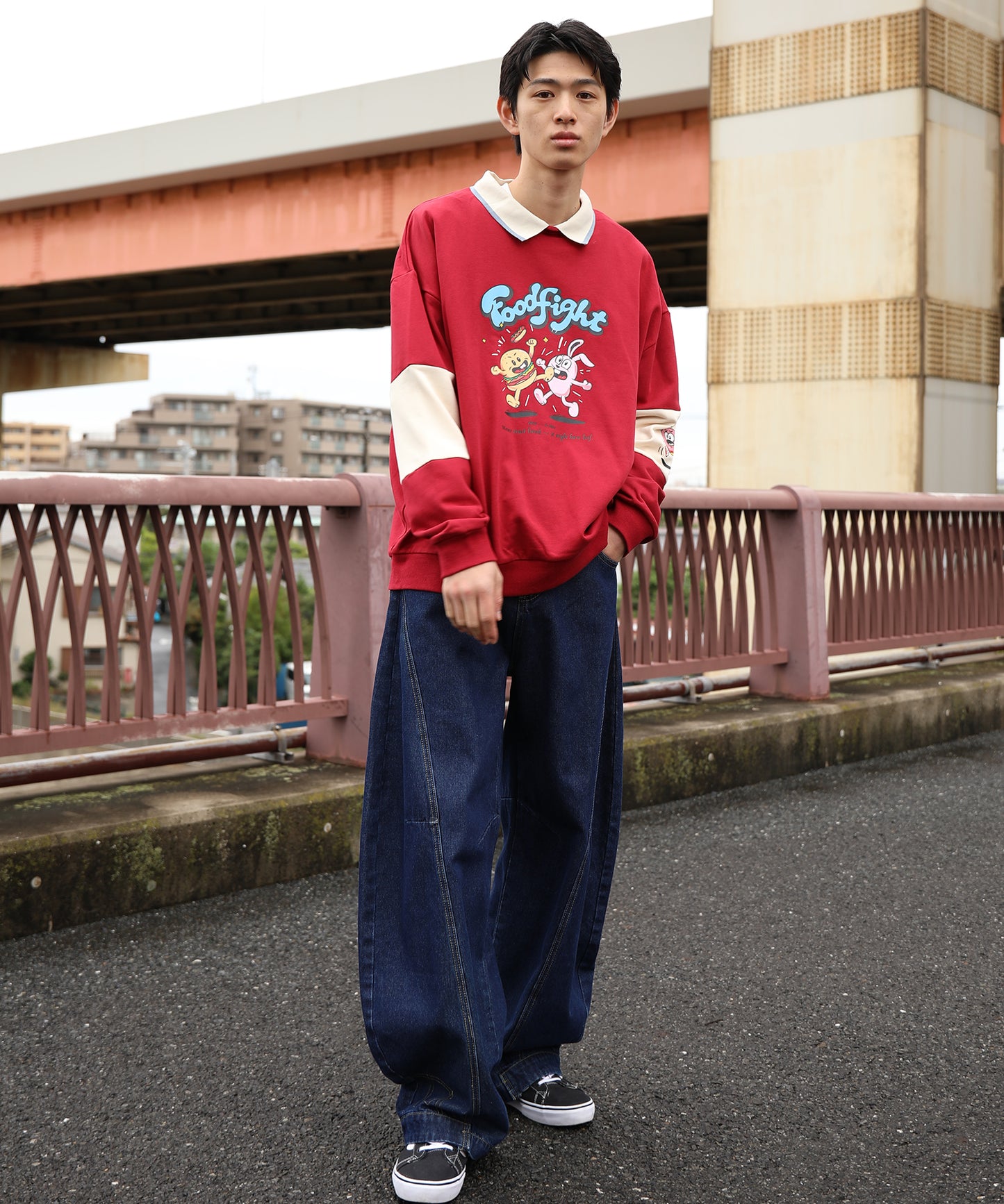 HOOK -original- フードファイトプリントポロ襟スウェット「Don’t Fight!」