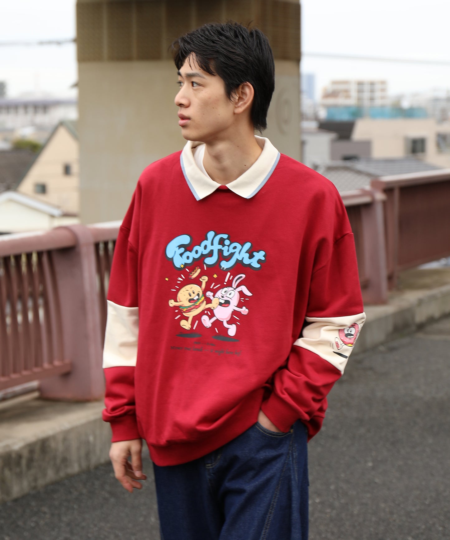 HOOK -original- フードファイトプリントポロ襟スウェット「Don’t Fight!」