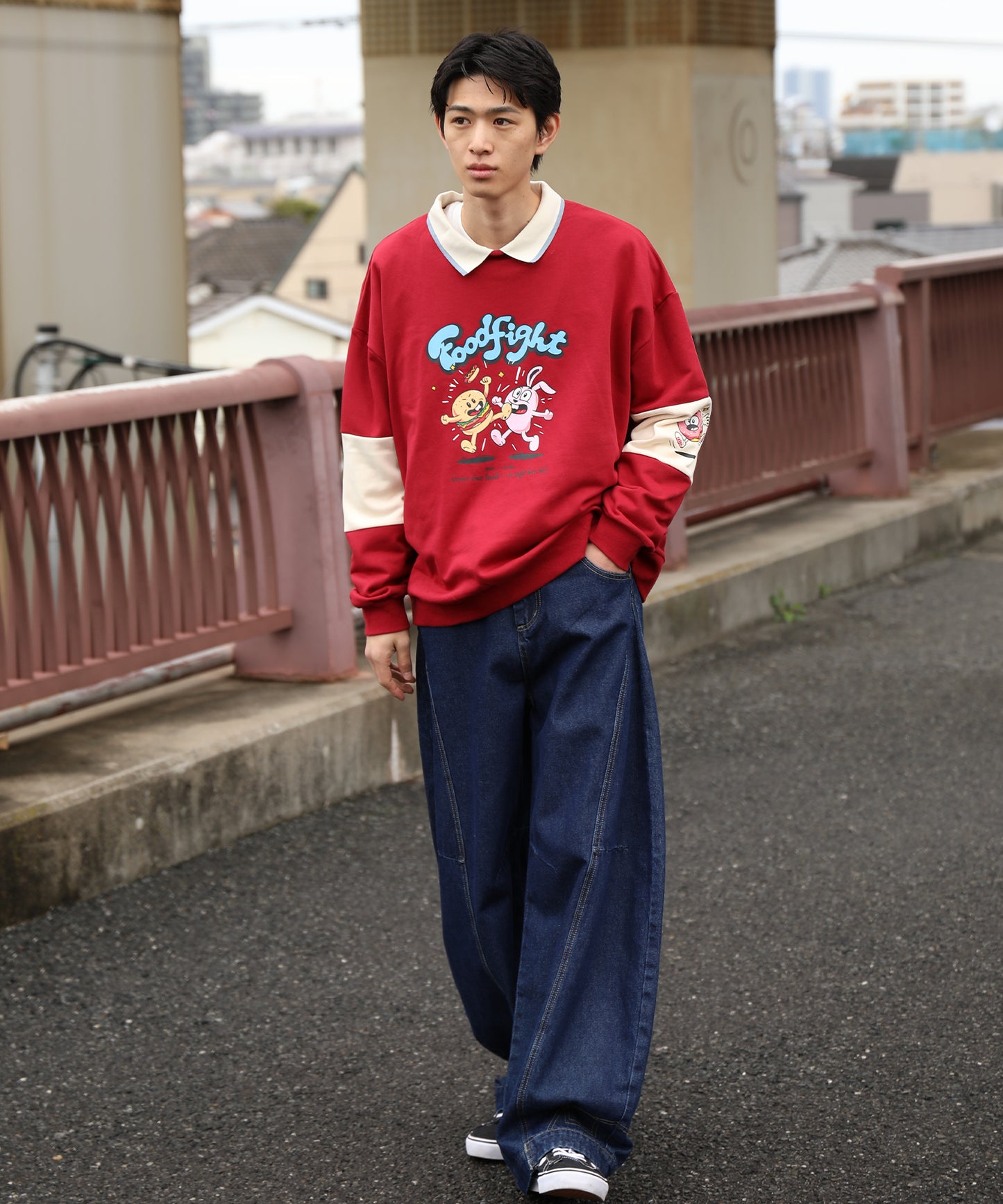 HOOK -original- フードファイトプリントポロ襟スウェット「Don’t Fight!」