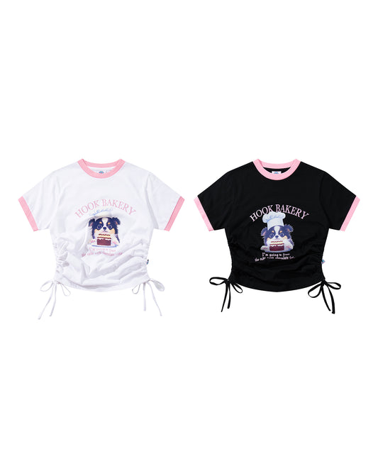 【HOOK】for girls  裾シャーリングレトロわんちゃんプリントリンガーTEE