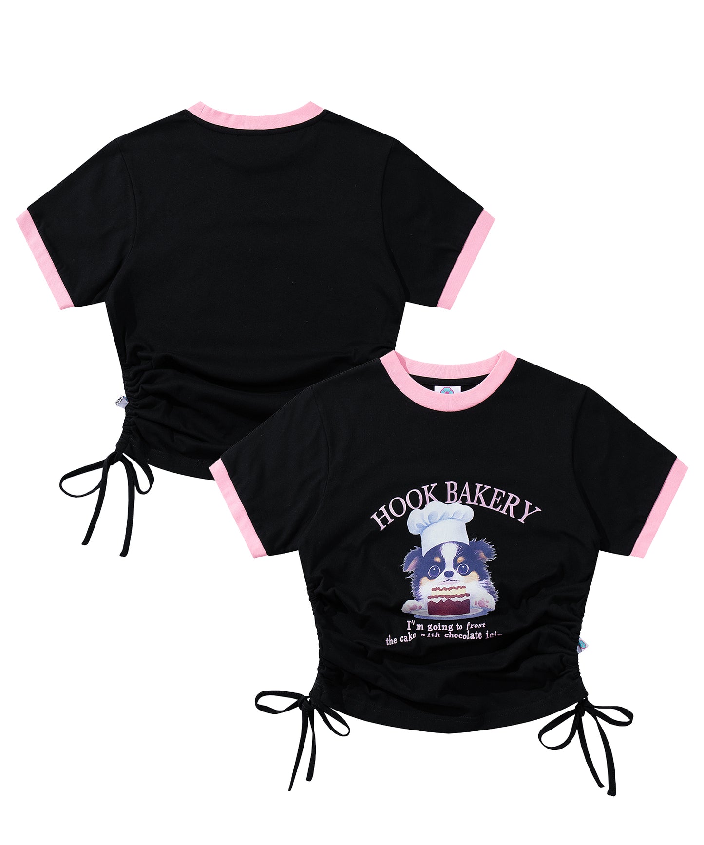 【HOOK】for girls  裾シャーリングレトロわんちゃんプリントリンガーTEE