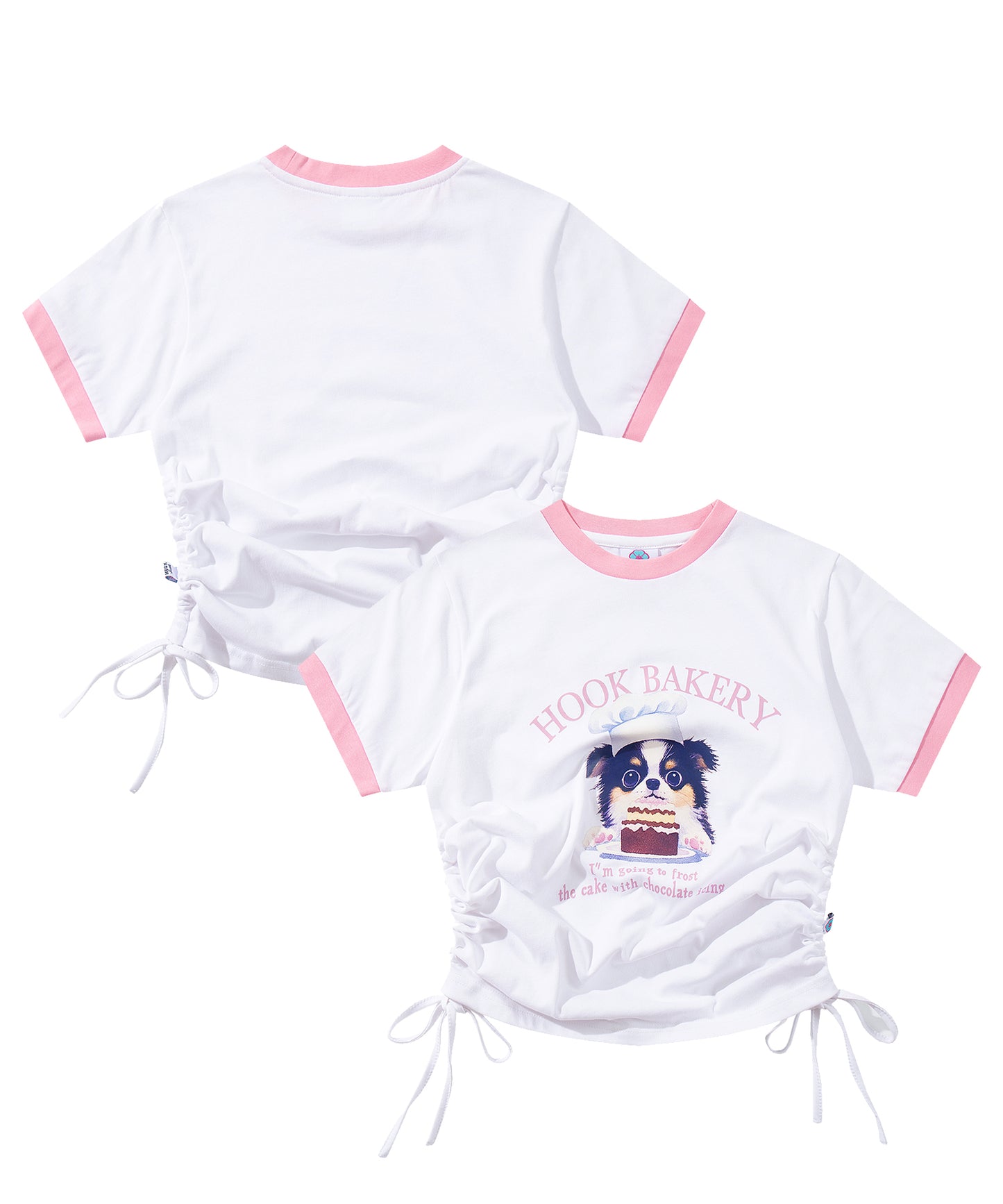 【HOOK】for girls  裾シャーリングレトロわんちゃんプリントリンガーTEE