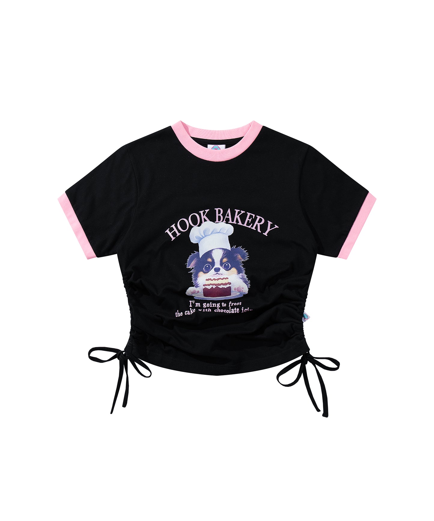 【HOOK】for girls  裾シャーリングレトロわんちゃんプリントリンガーTEE