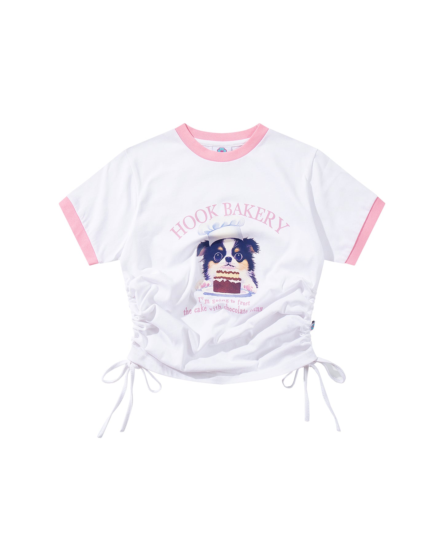 【HOOK】for girls  裾シャーリングレトロわんちゃんプリントリンガーTEE