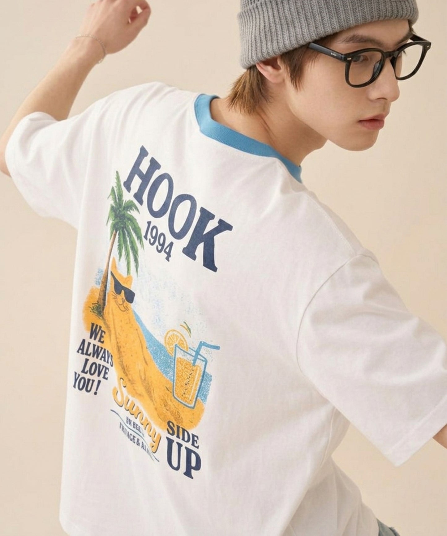 HOOK -original- サングラスキャットビーチプリントTシャツ