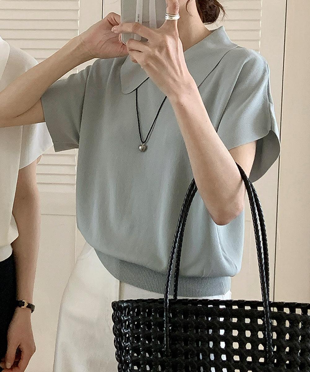 丸襟付き半袖ニットトップス