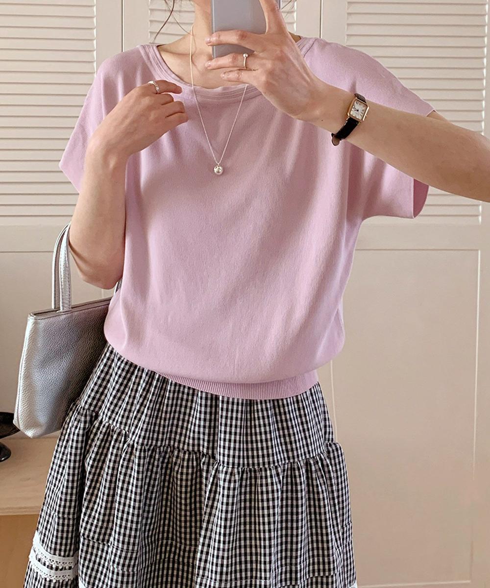 ボートネック半袖ニットトップス