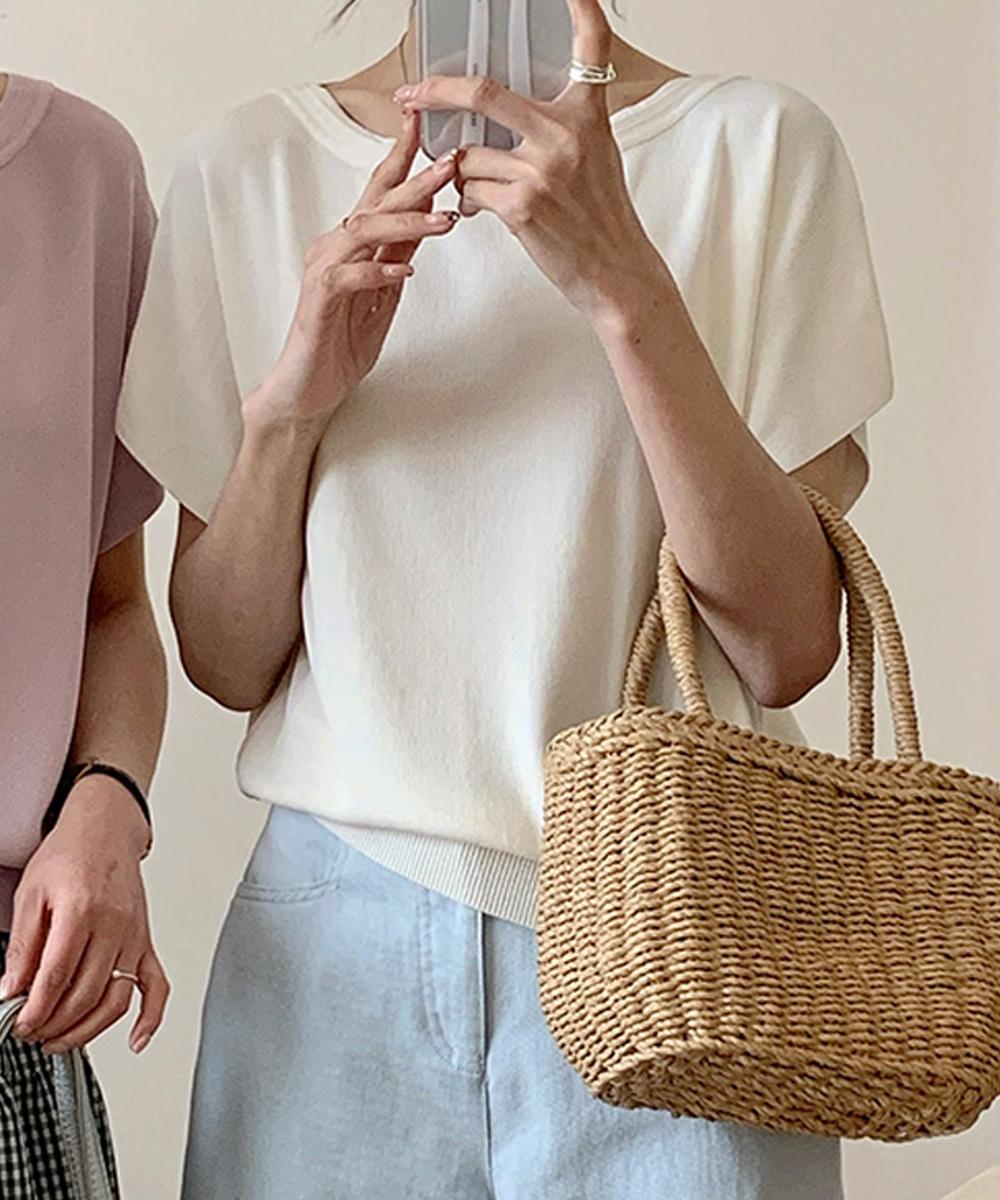 ボートネック半袖ニットトップス