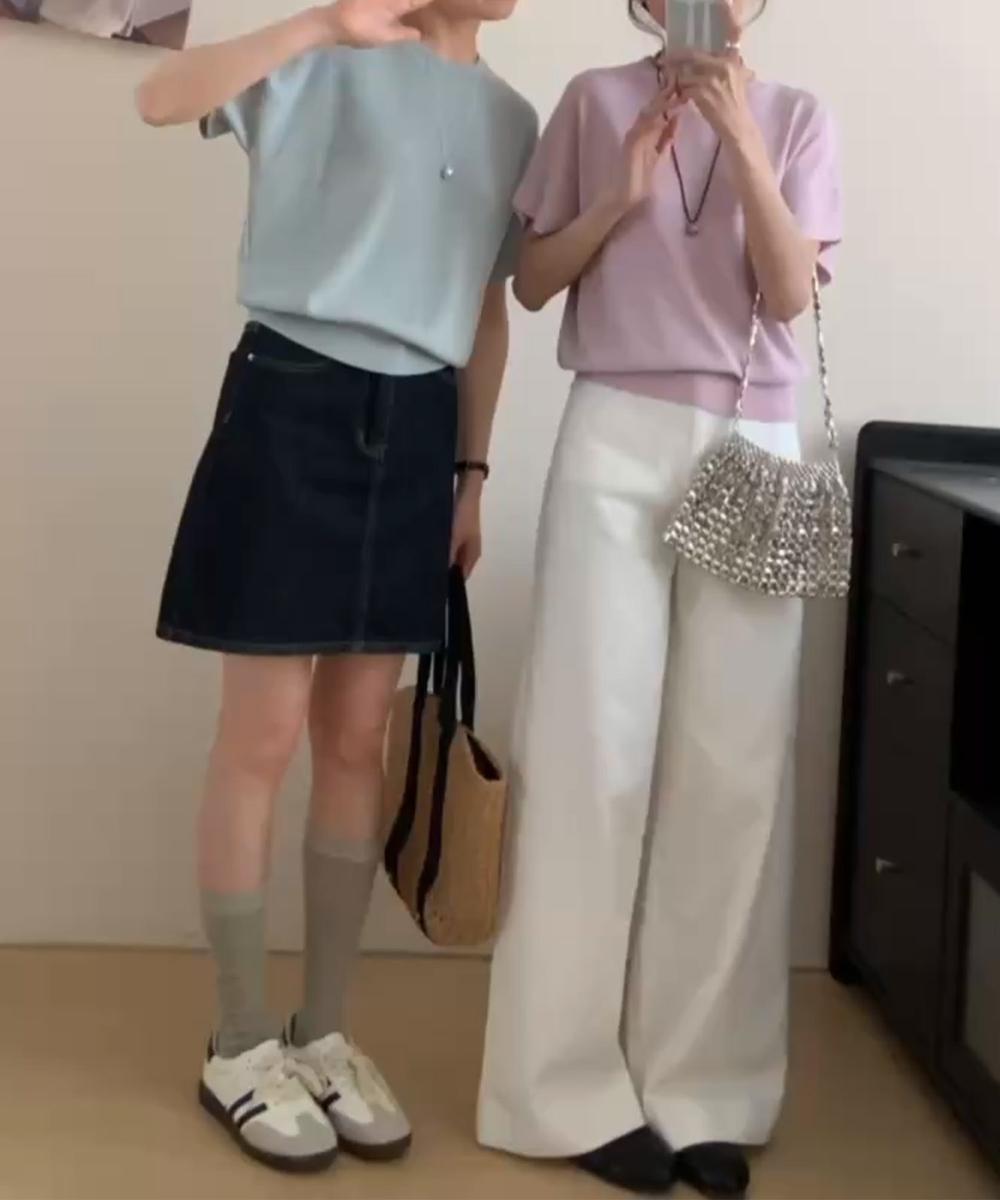 クルーネックリブ編み半袖ニットトップス