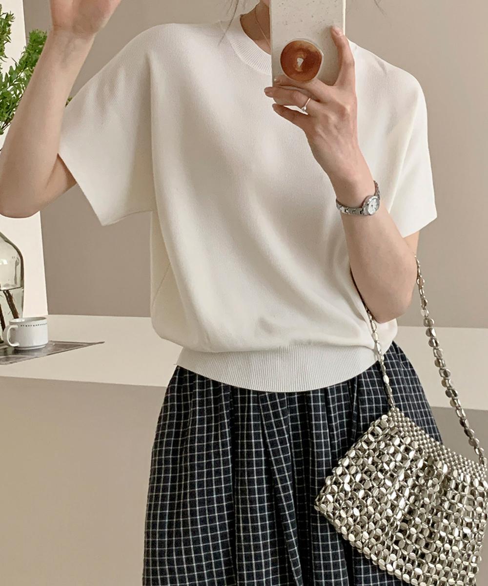 クルーネックリブ編み半袖ニットトップス