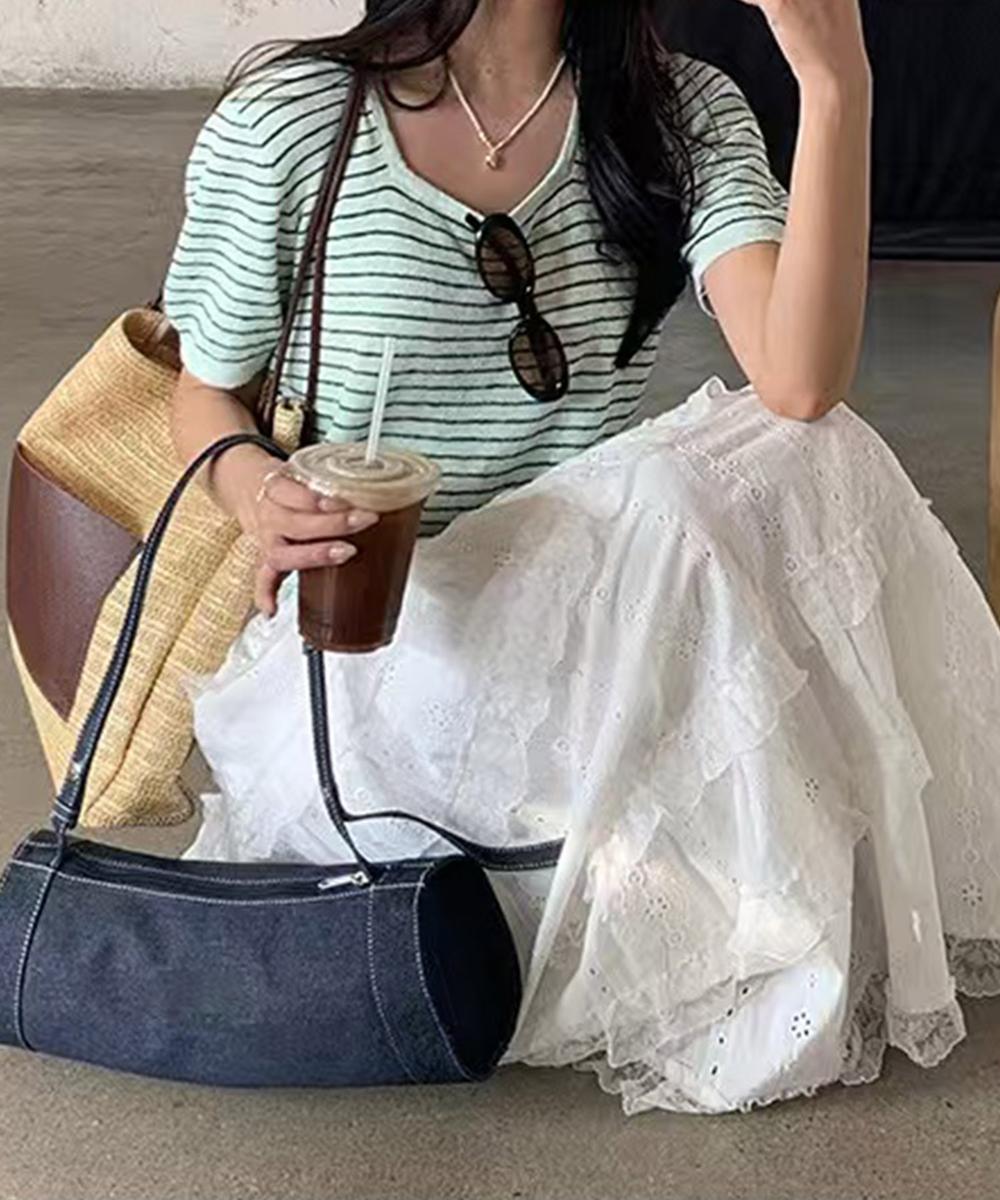 ボーダー柄半袖ニットトップス